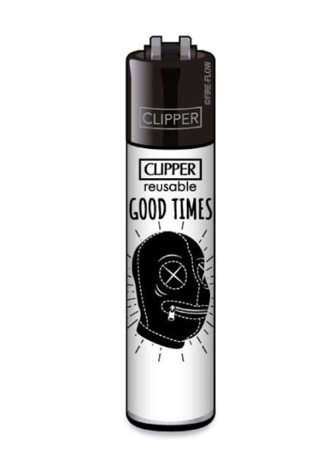 Schwarz-weißes clipper feuerzeug mit stilisiertem maskendesign und text good times auf dem gehäuse nachfüllbar
